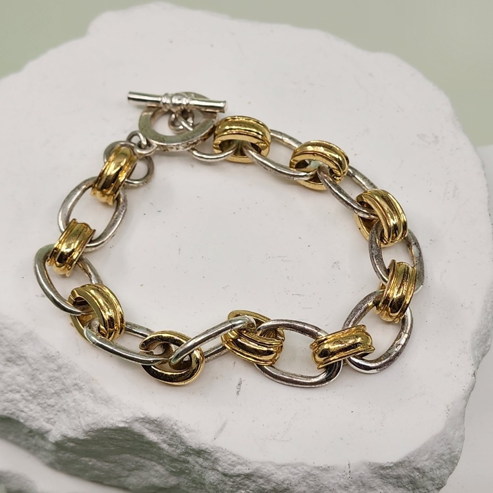 Two Tone Gold & Silver Tone Link Bracelet Chunky Toggle Statement Vintage Glam